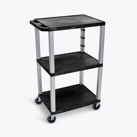 Luxor 42''H 3-Shelf Utility Cart, Electric, Black Shelves, Nickel Legs UCPL1E-N